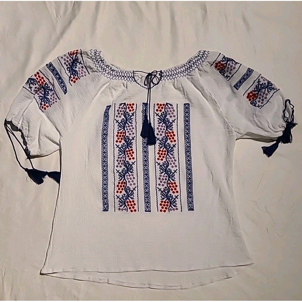 Peasant Blouse Embroidered Sleeves & Neckline Size Large Boho Gauze